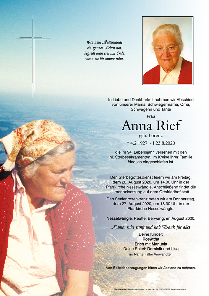Alice Rief Anna Rief - Bestattung LONGO
